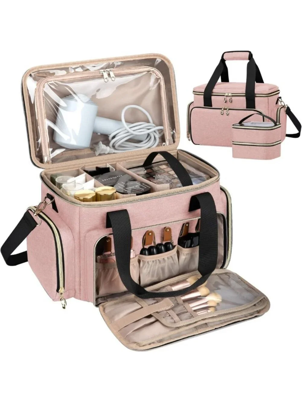 Large Portable Makeup Organizer Bag with Removable Pouches & Dividers - Pink